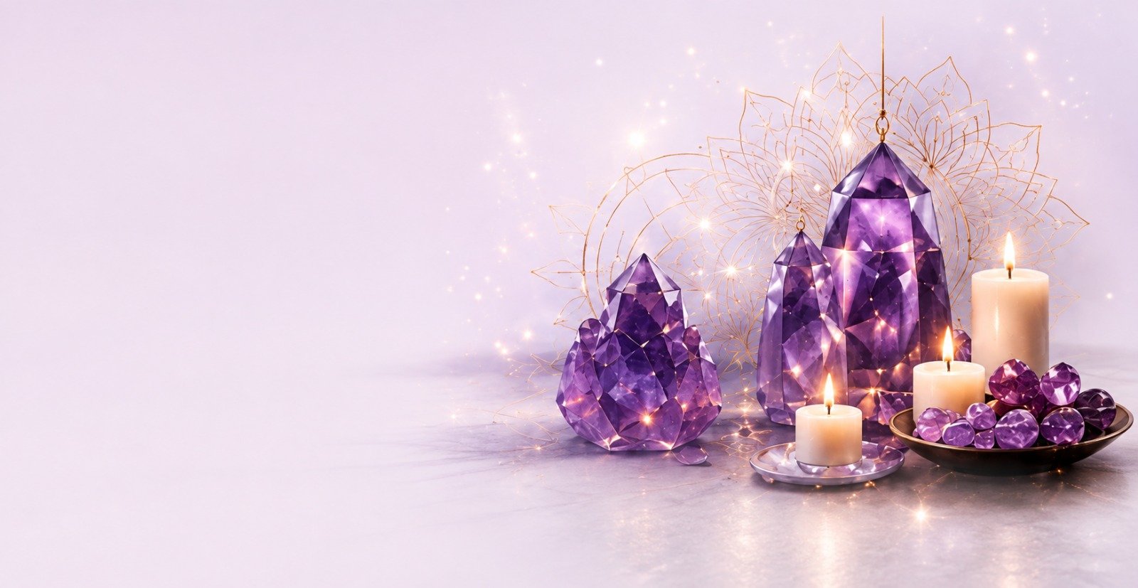 Amethyst crystals with lit candles