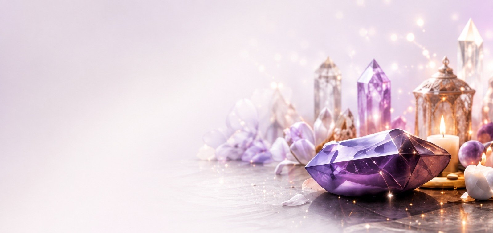 Amethyst crystals and candles